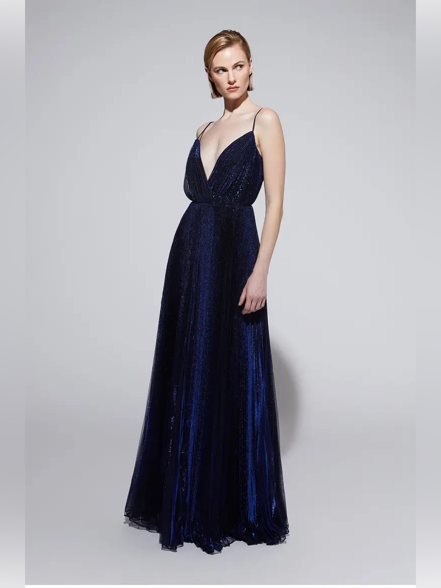 Halston Zellie Navy Blue Plunging V-Neck Maxi Gown